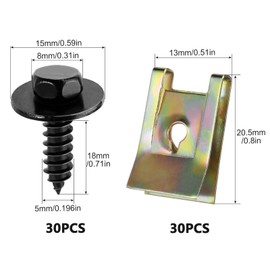 60-teiliges Schrauben- und Muttern-Clip-Set, 30 Auto-Karosserie-Kotflügelschrauben und 30 Stoßstangenschutzplatten-Befestigungsschrauben, U-Typ-Befestigungsclip mit Sechskantkopf, selbstschneidende