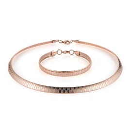 HZMAN Stainless Steel Flexible Flat Omega Chain 8mm Solid 18 inch Choker Necklace and 8.5 inch Bracelet Jewelry Set for Women (Pink)