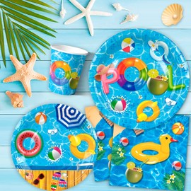 Summer Pool Party Decorations Tableware Set for 24 Guests, Pool Party Tableware Plates and Napkins Summer Party Cups Tablecloth etc