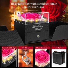 FOCIE Preserved Dark Pink Real Rose -Eternal Flowers Rose Gifts for Mom Grandma Wife Girlfriend on Mothers Day Valentines Day Gifts for Her Christmas Birthday Anniversary with I Love You Necklace