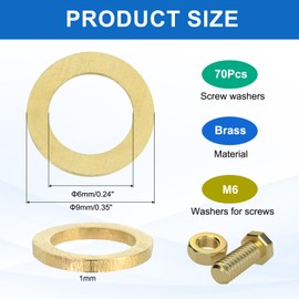 MECCANIXITY 70 Pack Brass Flat Washer, M6 Copper Washers Crush Washer Kit Assortment, 6mm ID, 9mm OD, 1mm Thick for Bolts Screws Machinery Repair, Outdoor Construction