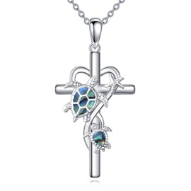 POPLYKE Turtle Necklace 925 Sterling Silver Sea Turtle Necklace Turtle Necklace for Women Turtle Jewellery Cross Necklace, Sterling Silver, Abalone shell