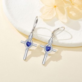 ONEFINITY Cross Earrings for Women 925 Sterling Silver Cross Birthstone Dangle Drop Earrings Infinity Cross Religious Jewelry Gifts for Women (09-Sept-Created Sapphire)