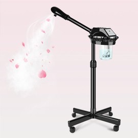 Professional Facial Steamer, Facial Steamer on Wheels with More Steam, Adjustable Height and Angle, Face Steamer for Facial Deep Cleaning, Estheticians Steamer for Beauty, Spa and Home Use（Black）