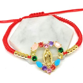 Gold Plated Virgin Mary Colorful Heart Adjustable Bracelet Virgen De Guadalupe Pulsera Oro Laminado 8“