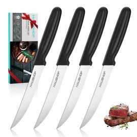 HAUSHOF Steak Knives Set of 4, Premium Stainless Steel Serrated Steak Knife Set with Ergonomic Handle, Gifts Knife Set for Mom, Dad, Wife and Husband, Black