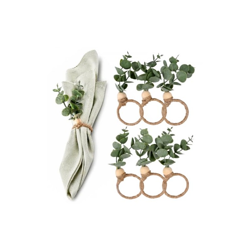 Merzio 6 Pcs Rustic Eucalyptus Napkin Rings Set, Farmhouse Boho