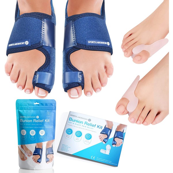 Sports Laboratory Bunion Correctors Day & Night Kit, 2X Bunion Splints and 2X Big Toe Gel Straighteners, Free Bunion Relief Guide, Bunion/Hallux Valgus Pain Relief & Protection, Adjustable Size