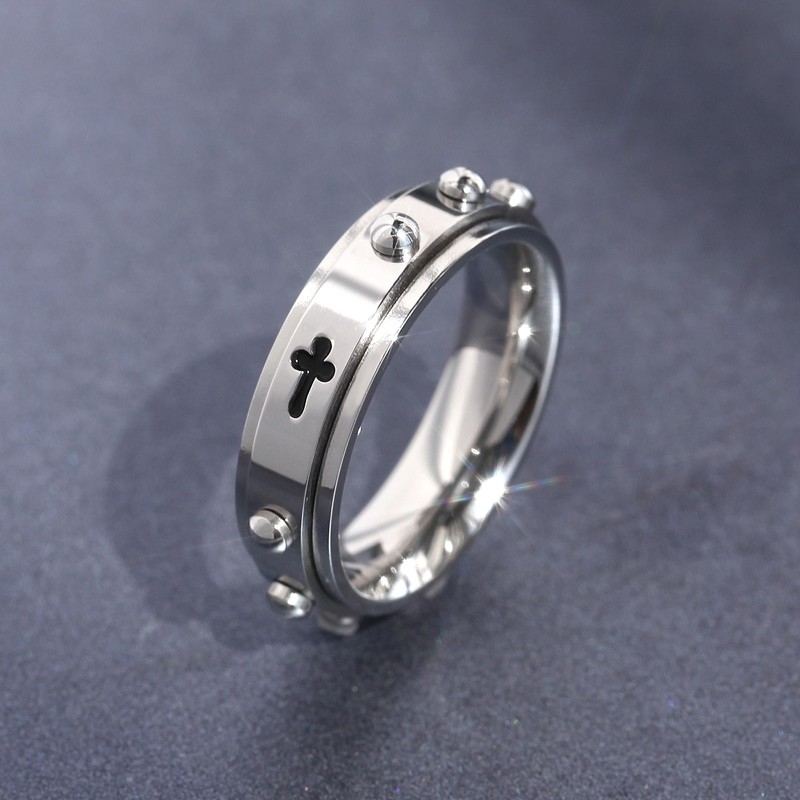DoubleAccent 6MM Stainless Steel Cross Rosary Spinner Praying Ring, 6