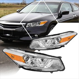 Projector Headlight Assembly Compatible with Honda Accord Coupe 08-12 | Headlamps with Chrome Housing Amber Corner