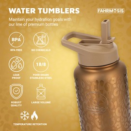 FAHRMOSIS 32 Oz Water Bottle with Straw Stainless Steel Sports Water Bottle with 3 Lids (Straw, Chug & Flip Lid) 1 Liter Leak Proof Insulated Metal Jug for Men & Women - Gold Leopard