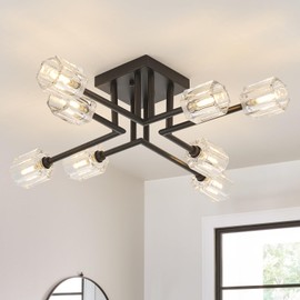 brfaixla 8-Light Semi Flush Mount Ceiling Light Fixture Matte Black Industrial 26 Inch Sputnik Chandelier Modern Farmhouse Lighting for Kitchen Island Dining Living Room Bedroom Foyer Entry, G9 Base