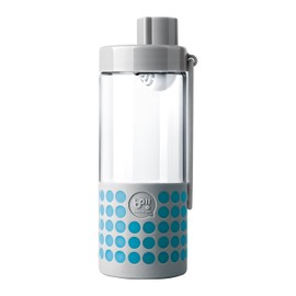 Timolino Boii Messenger Glass Bottle with PH Filter & Silicone Sleeve with Alphabet Card, 16 oz, Grey with Blue Dots