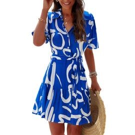 UEAL Spring Dresses for Women 2025 Short Summer Button Down Shirt Dress Women Sundress Medium Blue