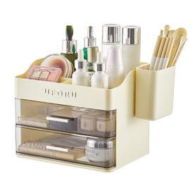 UFORU Makeup Organizer for Vanity with Brush Holder, Bathroom Counter Organizer with 2 Clear Drawers, Cosmetic Display Case for Beauty Essential, Skincare, Lipstick, Cream White&Silver