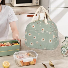 Corduroy Lunch Bag for Women Girls Lunch Tote Bags Reusable Insulated Lunch Box for Work Picnic School Travel (Green Corduroy - Daisy)