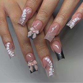 French Tip Press on Nails Long Square Coffin False Fake Nails Simple with Nude Pink Silver 3D Bow Design Full Cove Thick Glossy Acrylic Glue on Nails Stick on Nail for Women 24Pcs JP3429