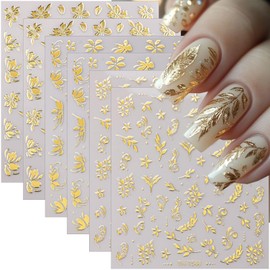 6 Sheets Gold Nail Stickers 3D Metallic Flower Leaf Nail Art Stickers 3D Self Adhesive Gold Nails Designs Accessories Cherry Blossom Flower Nails Decals for Women Girls DIY Summer Manicure Decoration