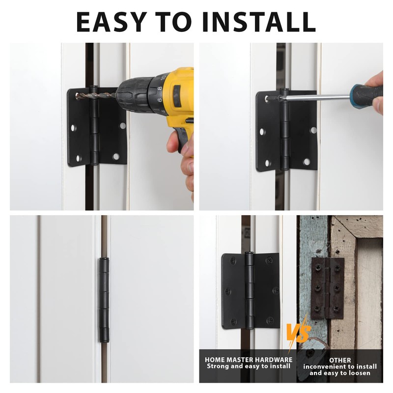 3 Pack Rounded Matte Black Door Hinges 3.5 Inch Interior