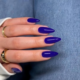 KQueenest 48 Pcs Almond Press on Nails Medium Length,Press on Royal Blue Nails,Solid Dark Color Medium Fake Nails Acrylic,Stiletto Nails Glue on,Gel Stick on Nails for Women Finger Decoration