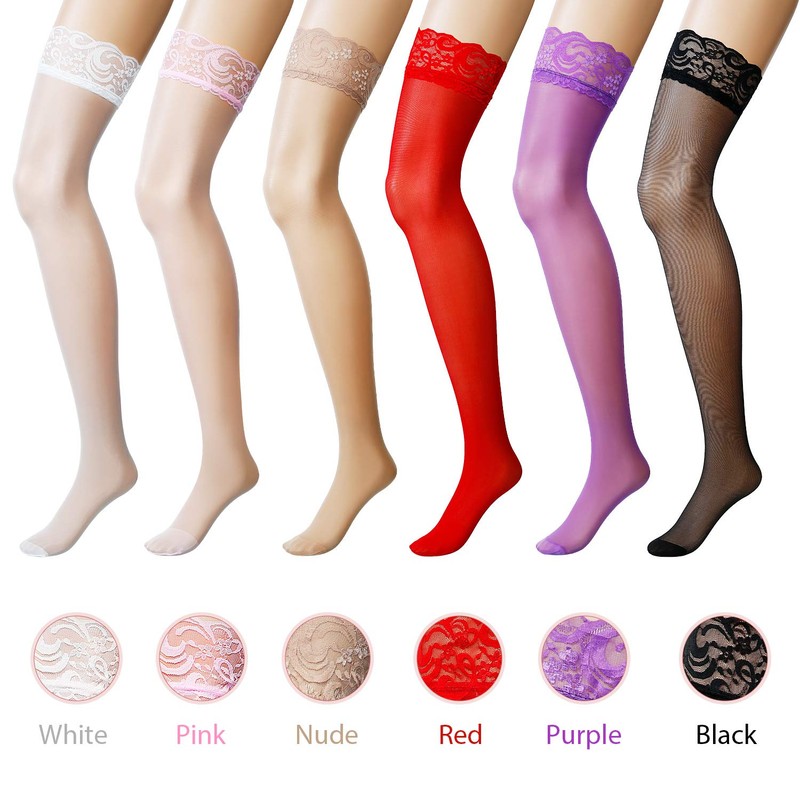 Boao 6 Pairs Women Thigh High Stockings Silicone Lace Top