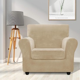 ZNSAYOTX Luxury Velvet Chair Slipcovers with Arms 2 Piece Stretch Chair Covers for Living Room Thick Soft Armchair Slipcover Anti Slip Dog Pet Friendly Furniture Protector (Camel),30"-47"(1 Cushion)