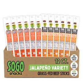 Jalapeño Variety, Sogo Snacks, No Sugar, 100% Grass-fed, Non-GMO Beef Sticks. No Nitrates, Gluten, Soy, MSG, Dairy or Nuts. Keto, Whole30, Paleo Friendly (6 Jalapeño, 6 IASM Jalapeño, 1-oz, 12-cnt)
