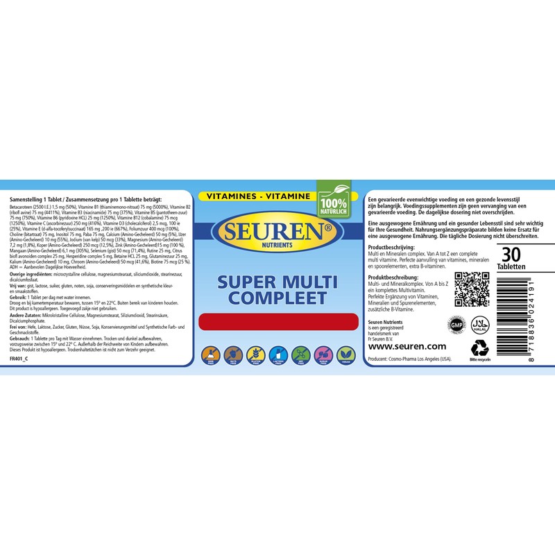 Seuren Nutrients Super Multi Compleet Multivitamins 30 Tablets Men &