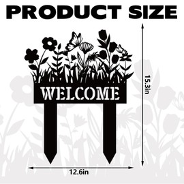 FYSUIMU Welcome Metal Yard Sign Spring Wildflower Silhouette Black Garden Stake Decorative Rustic Lawn Sign for Home Outside Lawn Porch Walkway Decor
