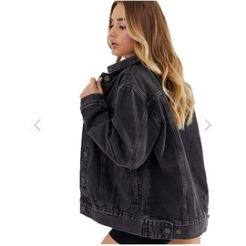 Cantonwalker Women's Oversize Vintage Washed Boyfriend Denim Jacket Long Sleeve Classic Loose Jean Trucker Jacket 003 (Black Washed, XL)……