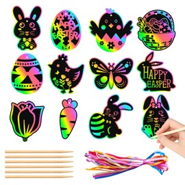 24pcs Easter Scratch Art for Kids, Easter Scratch Off Cards, Rainbow Color Scratch Off Paper Bunny Ornaments, Cute Bunny Scratch Egg Basket Stuffers with Stick and Ribbon
