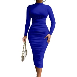 LAGSHIAN Women's Cocktail Bodycon Long Sleeve Mock Neck Mesh Ruched Midi Party Dress RoyalBlue