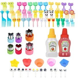 Wzenclave Kit 63 Piezas Palillos para Lunch Niños con 2 Mini Botellas, 50 Mini Palillos Tenedores para Frutas, 6 Moldes de Verduras, 5 Moldes para Cupcakes, Ideal para Pasteles, Oficina y Fiestas
