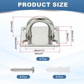 PATIKIL 4Pcs 304 Stainless Steel Ceiling Hooks, 50mm Square Pad Eyes Plate Metal Wall Mount U Ceiling Hook with Screws for Hanging Ropes Post Queue Line Barrier, Silver