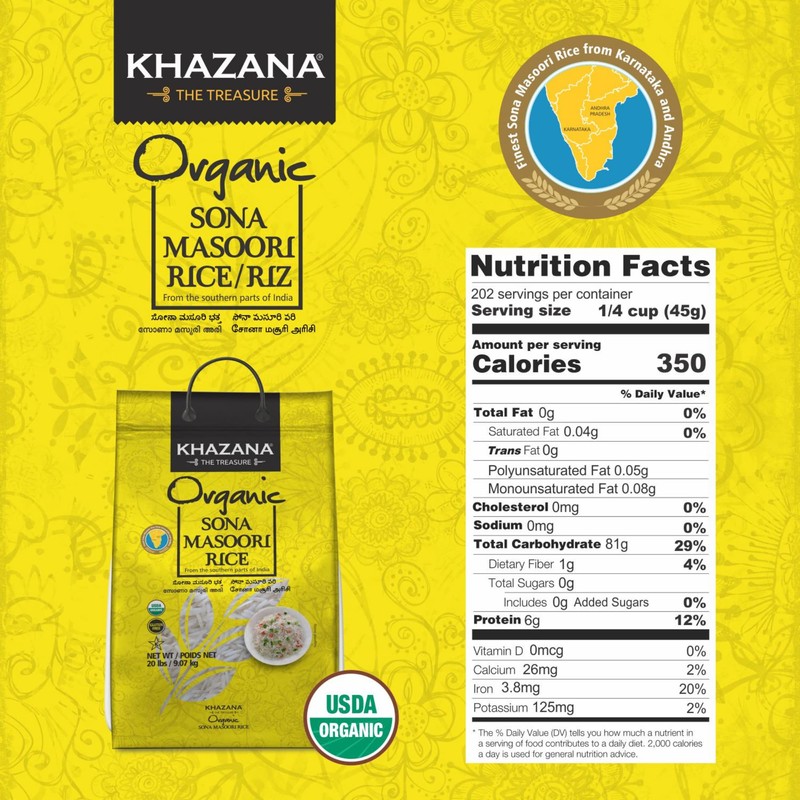 Organic Sona Masoori Rice by Khazana in 20 lb Bag
