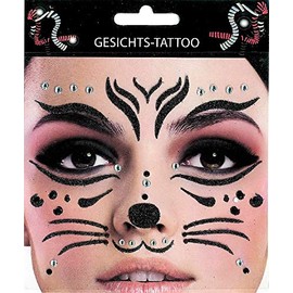 Makotex GmbH Face Tattoo Cat Predatory Cat Beetle Glitter Stones Face Appliqué Skin Sticker Glamour (Cat Silver)
