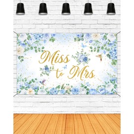 Mocsicka Miss to Mrs Banner Blue Floral Gold Dots Bridal Shower Party Decorations Banner for Wedding Engagement Bachelorette Party Backdrop for Photography Photo Booth Props (Blue, 70.8x43.3 inch)