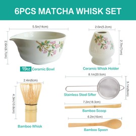WVYNUYQP Matcha Whisk Set White, 6 Pcs Matcha Set Includes Matcha Bowl with Spout, Matcha Whisk & Holder, Sifter, Bamboo Scoop & Spoon, Perfect Matcha Making Kit for Matcha Lover and Tea Ceremony