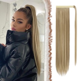 FESHFEN Long Straight Ponytail Hairpiece, Synthetic Hair Extension Braid Hair Extension for Women Girls, Light Brown & Blonde, 60 cm
