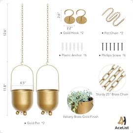 Boho Outdoor/Indoor Hanging Planter, Set of 2 Metal Plant Hanger with Hooks and Chains For Modern Wall & Ceiling, Window Mid Century Flower Pot Plant Holder Home Décor (Gold)