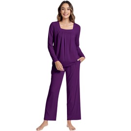 NACHILA Pajamas for Women-Viscose Made from Bamboo, Long Sleeve Pleated Pajama Sets with Pj Pants Soft Sleepwear with Pockets Deep Purple Medium