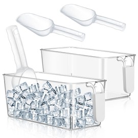 Havawish 2 Set Ice Bin and Flexible Scoop Set Plastic Freezer Ice Bin with Pull out Handle Clear Ice Storage Ice Bucket for Freezer Ice Container with Ice Bucket Scoop Kitchen (10.83 x 4.92 x 4.33 in)