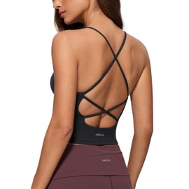 INGIA Womens V Neck Tank Tops Double Lined No Padded Spaghetti Criss Cross Strap Statement Strappy Back Casual Crop Top Black Medium