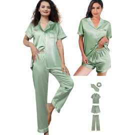 WJing Yi Jia 5Pcs Womens Silk Satin Pajamas Sets XS-XXL Short Pj Sets Button Down Pjs Set Sleepwear Loungewear