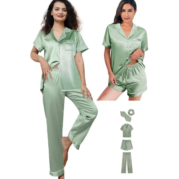 WJing Yi Jia 5Pcs Womens Silk Satin Pajamas Sets XS-XXL