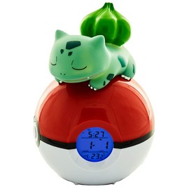 Teknofun - Leuchtender Wecker Pokémon - Bulbizarre Schläft Auf Einem Pokéball - Multifunktions - Gibt Zeit und Dekor - Grün, Rot und Weiß - Für Kinder, Sammler