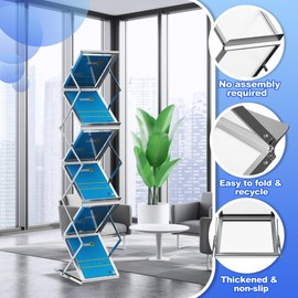 polwkscas 7-Pocket Foldable Aluminum Magazine Rack with Carrying Bag, Portable Pop-up Display Stand for Trade Shows, Office, and Retail Store Use, A4 Size