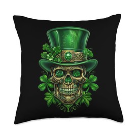St Patrick Day Skull Leprechaun Hat Lucky Irish Shamrocks Throw Pillow