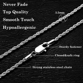 CLASICOMIS CLASICOMIS 3.5mm Mens Stainless Steel Silver Rope Chain Necklace for Men (Silver, 22 Inches)