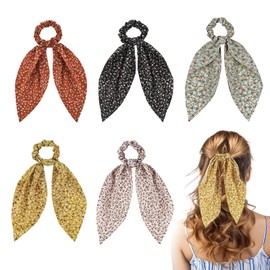 Tyqour Pack of 5 Chiffon Hair Bobbles with Bow Bowknot Hair Scrunchies with Bow Vintage Floral Scarf Hair Bobbles Hair Accessory Satin Silk Hair Band Ponytail Hair Accessories for Women Girls